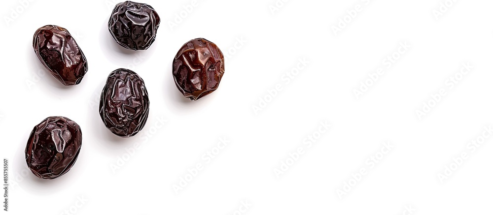 Poster Dried dates fruits isolated on white background. Clipping path. Copy space image. Place for adding text or design