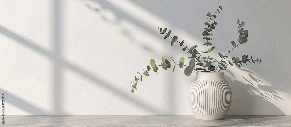 Aufkleber Vase with fresh eucalyptus branches on table in room. Interior design. with copy space image. Place for adding text or design