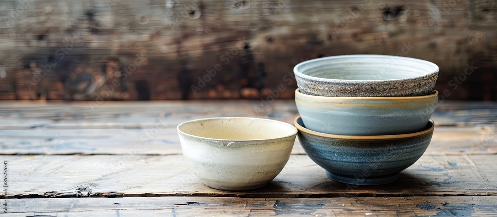 Poster Empty bowls and cups on a wooden table. with copy space image. Place for adding text or design