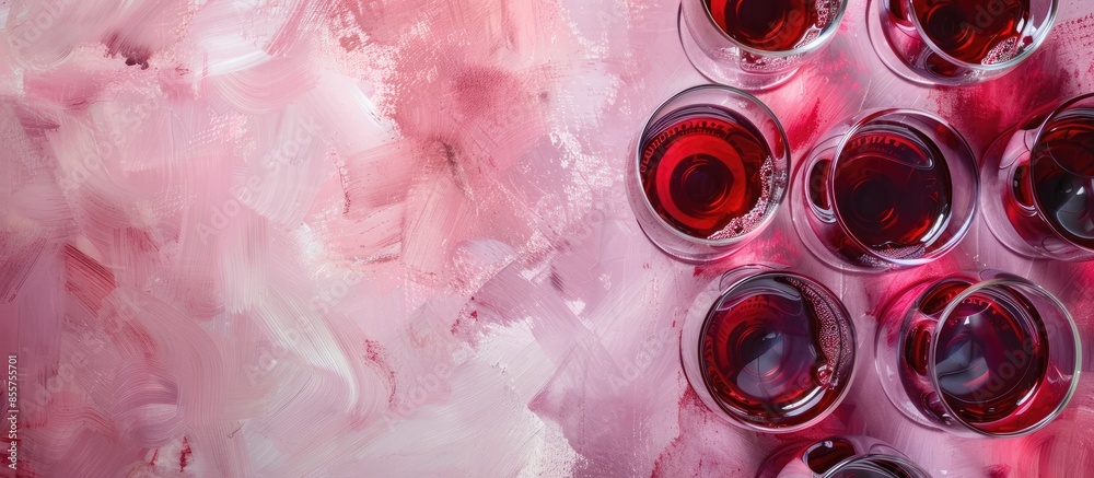 Leinwandbilder many glasses of red wine at wine tasting. concept of red wine on colopastel background. top view, fl