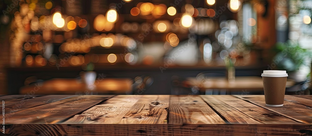 Poster Coffee shop blur background with bokeh and brown wood table image. with copy space image. Place for adding text or design
