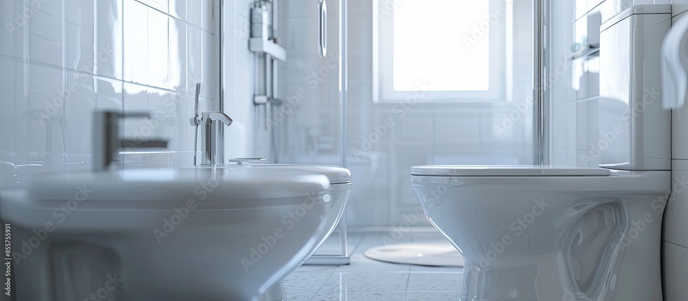 Poster Interior of a sink with a shower closed with white walls next to the toilet bowl. with copy space image. Place for adding text or design