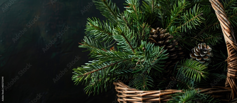 Aufkleber In wicker basket, branch of christmas tree with garland in against of black background. with copy space image. Place for adding text or design