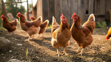 Several chickens pecking grain in a free-range environment with the barn in the background at dusk.