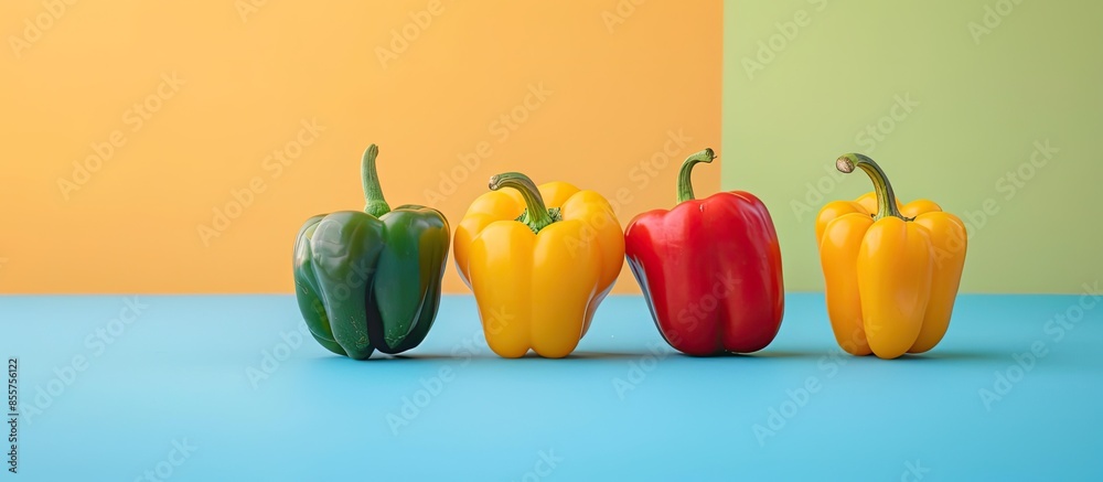 Poster three colored peppers vegetables isolated on pastel background. with copy space image. place for add