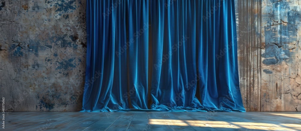 Poster blue curtains on the wall . with copy space image. place for adding text or design