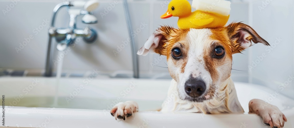 Aufkleber dog sitting in bathtub with duck on her head and sponge in the mouth. with copy space image. place f