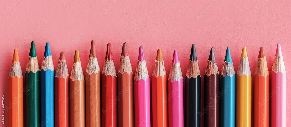 Poster Colorful wooden pencils in row on pastel background. with copy space image. Place for adding text or design