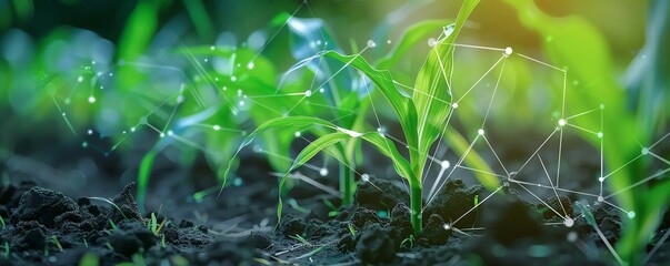 Close-up of young plants in a field with a digital network overlay, symbolizing technology integration in agriculture and plant growth.