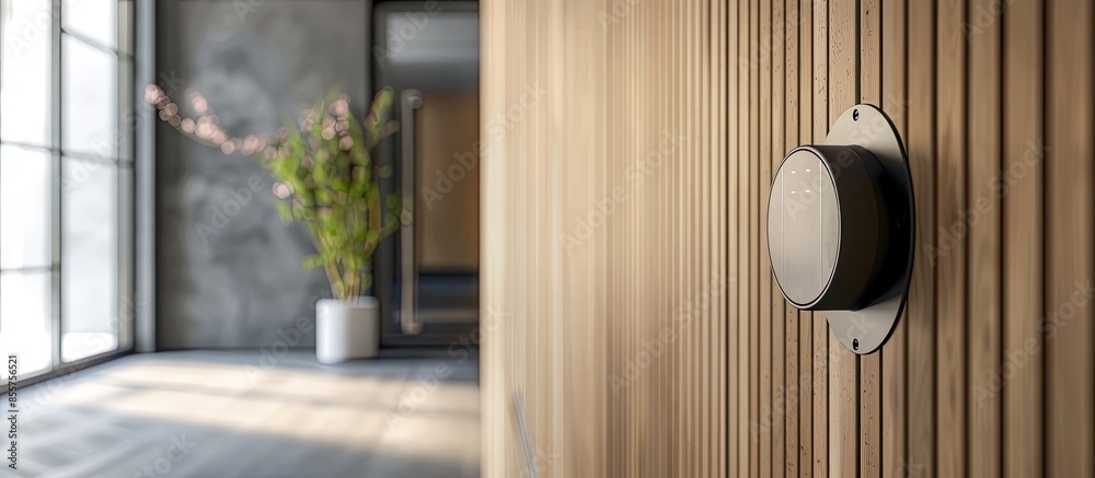 Poster digital lock system on a wooden cabinet. security system in the modern house. . with copy space imag