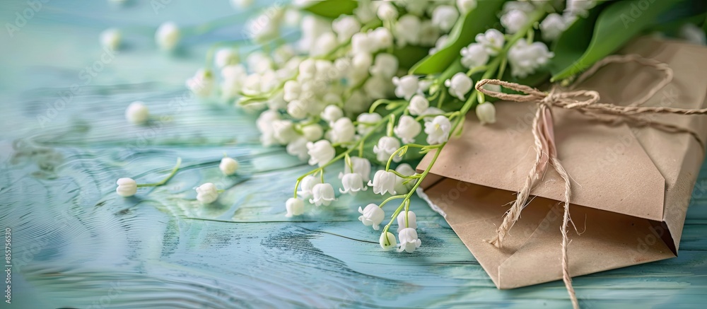 Poster Bouquet of lilies of the valley close-up and greeting craft card. with copy space image. Place for adding text or design