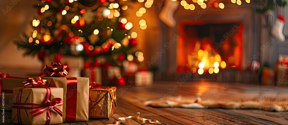 Poster Christmas scene with tree gifts and fire in background. with copy space image. Place for adding text or design
