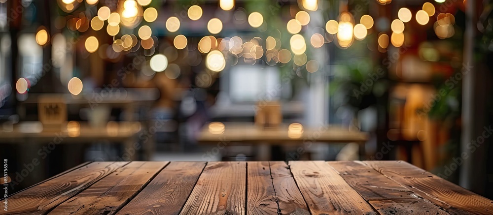 Poster selected focus empty brown wooden table and coffee shop blur background with bokeh image, for produc