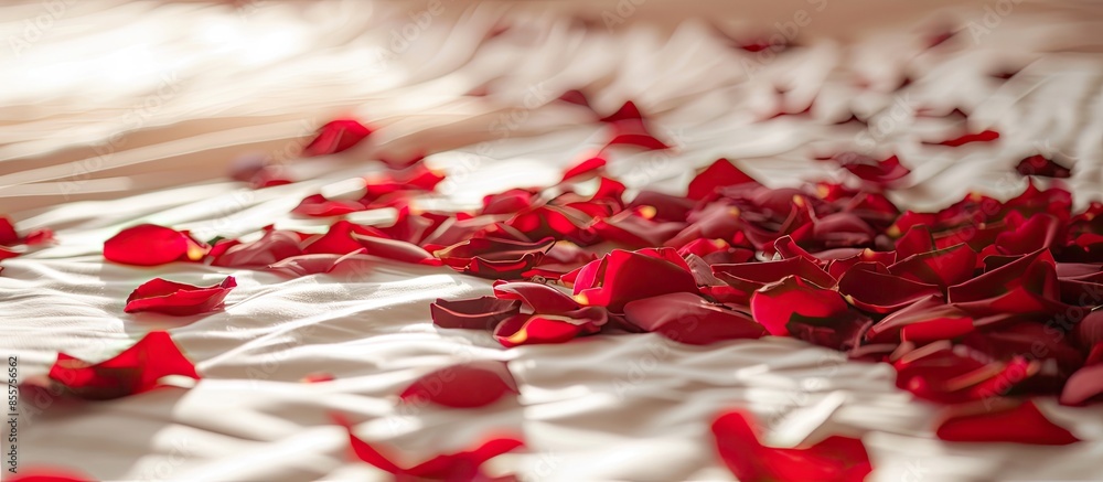 Aufkleber wedding bed topped with rose petals,heart of red petals on bed. with copy space image. place for add