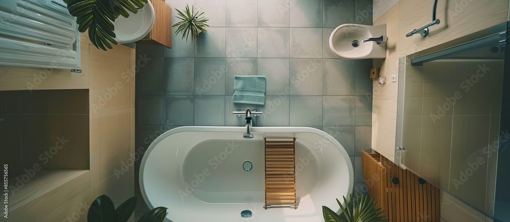 Poster a bathroom with a sink, mirror and bathtub next to the tub in this photo is taken from above. with c