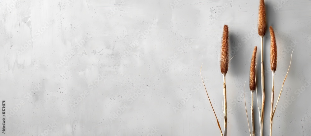Aufkleber one cattail on a uniform gray background. shot with one light source. the photo reflects minimalism and natural colors for the home. with copy space image. Place for adding text or design