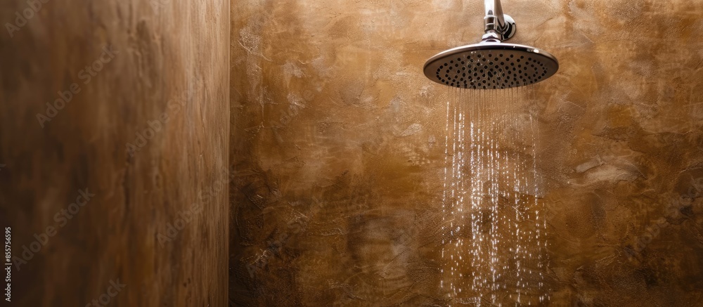 Poster a shower head and an oval-shaped faucet in the bathroom against a brown wall. with copy space image.