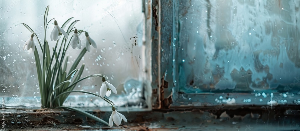 Poster Snowdrop flowers in a dirty window in the spring. with copy space image. Place for adding text or design