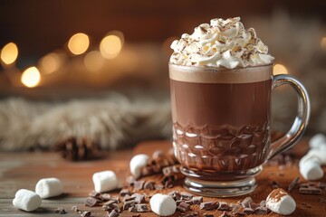A glass of rich hot chocolate topped with whipped cream and marshmallows.
