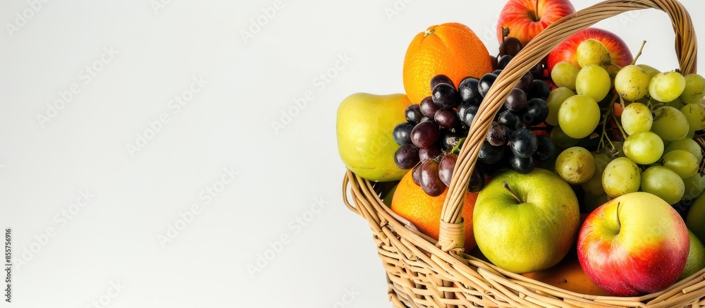 Aufkleber wicker basket with different fruits on white background, top view. copy space image. place for addin