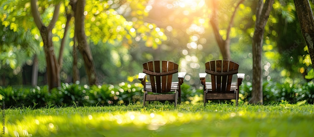 Poster couple chair in the garden background. copy space image. place for adding text or design