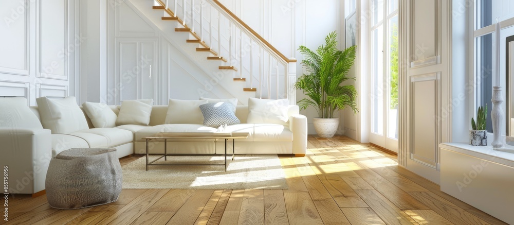 Poster Comfortable soft sofa with decorative cushions in spacious modern living room with parquet floor and white walls near staircase in daylight. with copy space image. Place for adding text or design