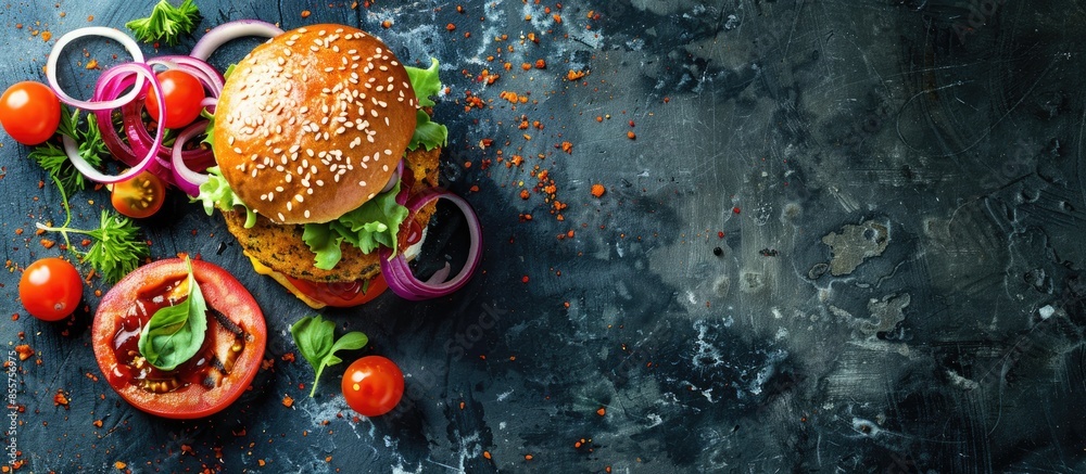 Poster vegan falafel burger with vegetables and sauce, dark background. healthy food concept. copy space im