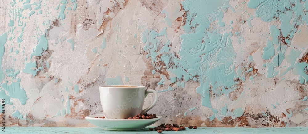Poster Coffee cup and beans on a rustic background pastel background. with copy space image. Place for adding text or design