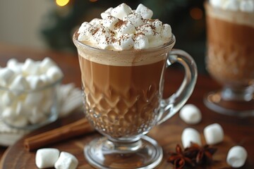 A glass of rich hot chocolate topped with whipped cream and marshmallows.