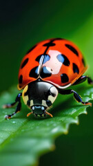 Obraz premium This stunning close-up of a ladybug on a green leaf captures its vibrant red shell and detailed features