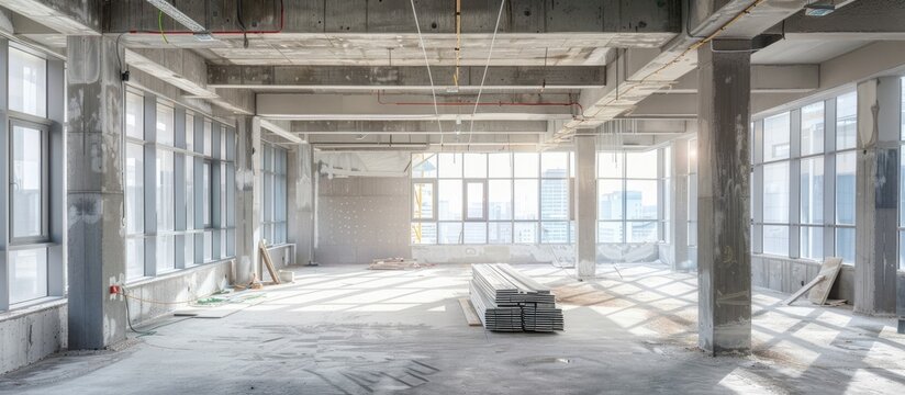 Unfinished interior of business center under construction in grey colours  . with copy space image. Place for adding text or design