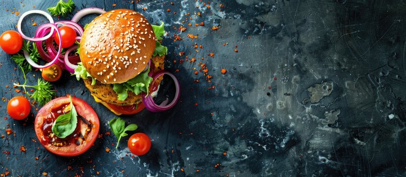 Vegan falafel burger with vegetables and sauce, dark background. Healthy food concept. Copy space image. Place for adding text or design