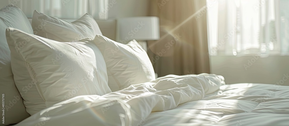 Poster comfortable white pillows decoration on bed. with copy space image. place for adding text or design