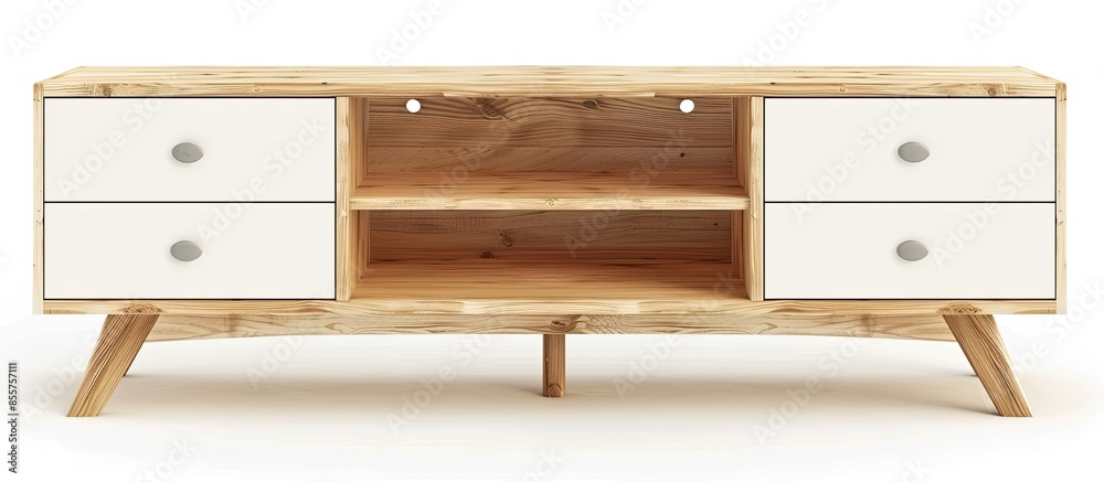 Poster white wooden tv stand, bureau, commode with boxes. modern designer, commode isolated on white backgr