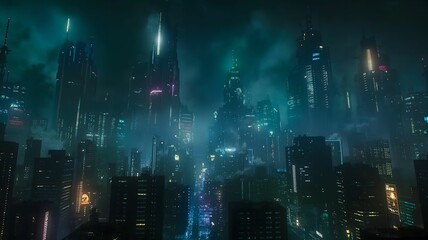 Fototapeta premium Futuristic cityscape with towering skyscrapers and neon lights