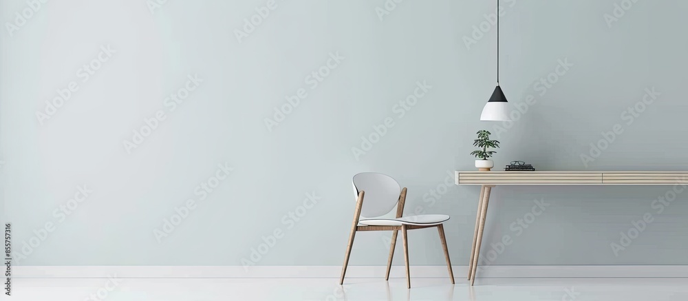 Poster wooden chair and table with modern lamp in working space interior design. with copy space image. Place for adding text or design