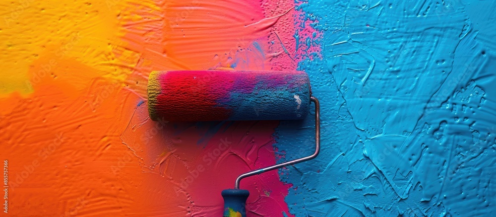 Poster Close up of a color paint roller. with copy space image. Place for adding text or design