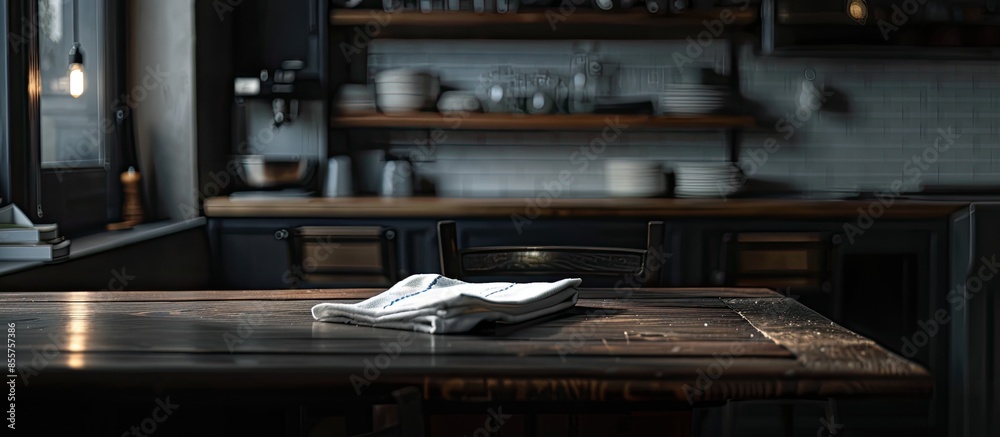 Poster dark interior of kitchen and restaurant with napkin and desk . with copy space image. place for addi