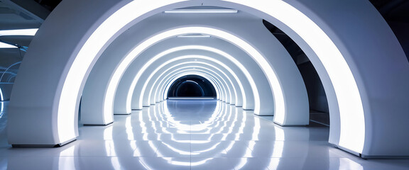 Fototapeta premium White background 3D room light abstract space technology tunnel stage floor. Empty white future 3D neon background studio futuristic corridor render modern interior silver road black wall design gray