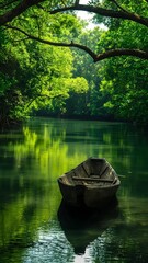 Obraz premium A tranquil river scene with lush green trees arching over the water