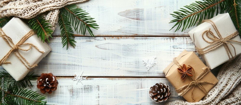 Poster Christmas composition. Christmas gifts, fir tree branches, knitted blanket on white wooden background. Flat lay, top view, copy space. Copy space image. Place for adding text or design