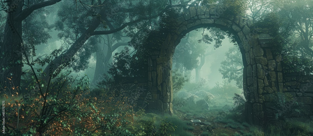 Poster into the deep woods, atmospheric landscape with archway and ancient trees, misty and foggy mood. wit