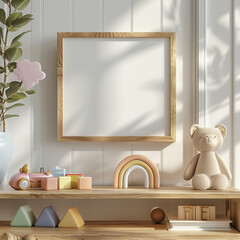 mock up frame, do not cover frame area, design a shelf in a bohemian style baby's nursery. On the shelf are some wooden pastel coloured blocks and some kids books in bright colours.