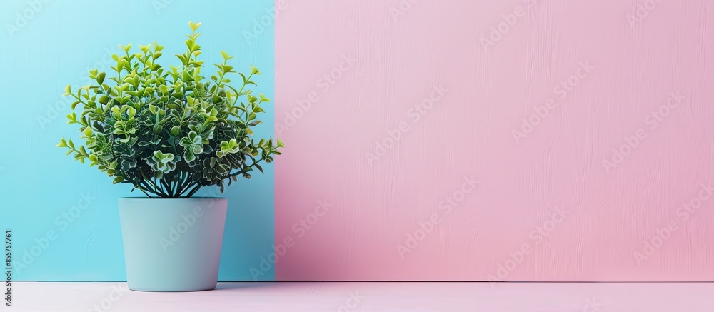 Poster decorative little green plant in ceramic pot on pastel background. with copy space image. place for 