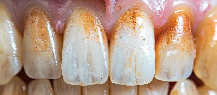 Teeth discolored in Dental with Fluorosis pitted of grooved Turner's hypoplasia. Copy space image. Place for adding text or design