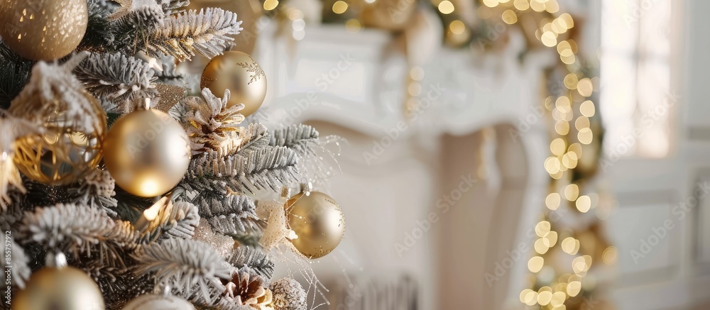 Poster decorated christmas tree in the room, close up. with copy space image. place for adding text or desi