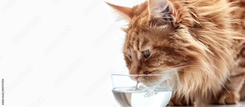 Poster norwegian forestcat, sitting side ways, drinking water from glass bowl. isolated on white background