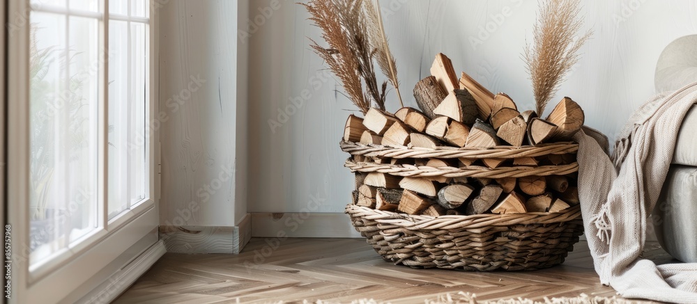 Poster basket with firewood on floor in living room. with copy space image. place for adding text or design