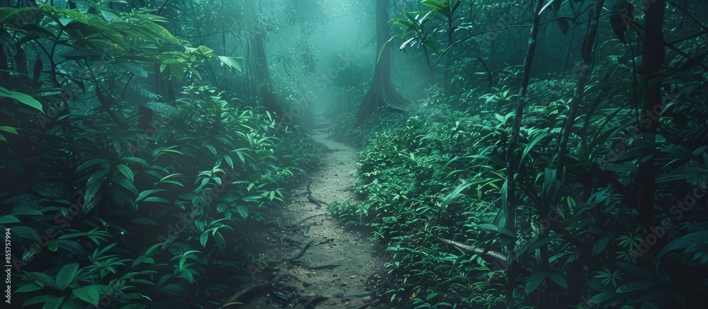 Poster the pathway through the dark foggy forest among the lush growth. hazy perspective, framed by dense f