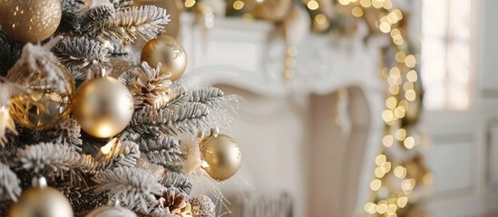 Decorated Christmas tree in the room, close up. with copy space image. Place for adding text or design